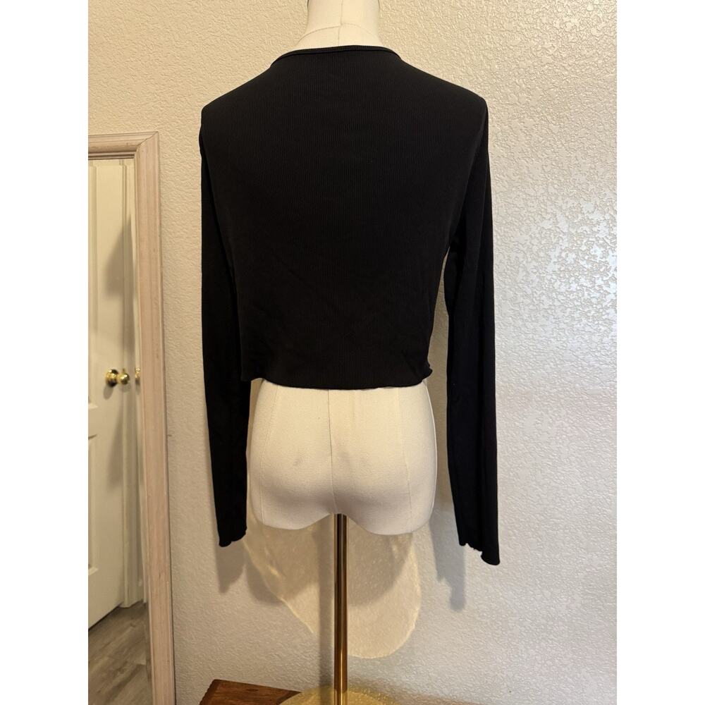 Y2K Black Ribbed Lace Cropped Cardigan Button Up Coquette Fairy Grunge Top L - Picture 4 of 10